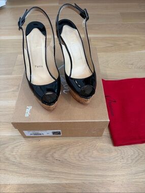 Christian Louboutin Black Patent Cork Peep-Toe Wedge Slingbacks